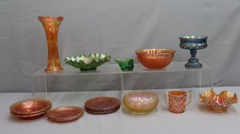 Super Group Lot Of Assorted Carnival Glass - Colors Of Marigold And Amberina, Iridescent Green, Luster Blue