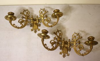 A Pair Of Brass Renaissance Revival Style 2 Swing Arm Candle Holder Sconces