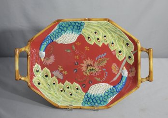 Tracy Porter The Artesian Road Collection Hand Painted Handled Tray - Peacock Motif16.5' X  12'