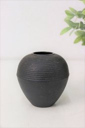 Vintage Cast Iron Asian Bulbous Ridged Vase, Signed