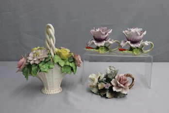 Group Lot Of Porcelain Flower Basket & Candleholders Including: Visconti Mollica Capodimonte, Arnart Japan