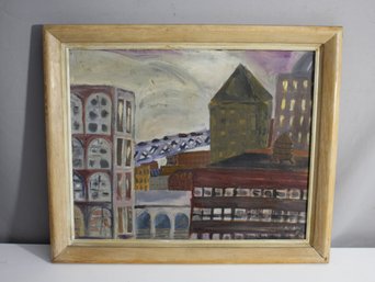 'Vintage Signed Cityscape Oil Painting On Board'signed