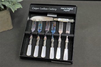 Boxed Set Of Real Mother Of Pearl Handle Cheese Knife And 6 Forks Cooper Ludlum Cutlery