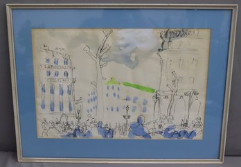 Framed Vintage Cityscape Pen & Ink With Watercolor Wash