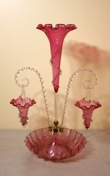 Vintage Victorian Style Cranberry Glass Epergne Vase With Central Trumpet &  2 Hanging Glass Baskets