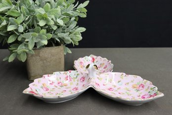 Royal Danube Pink Rose Chintz Pattern Porcelain Three Leaf Dish With Gold Detail