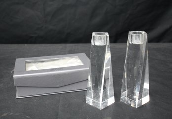 Pair Of Oleg Cassini 6' Clear Prism Crystal Candlesticks - Signed, Minor Chip