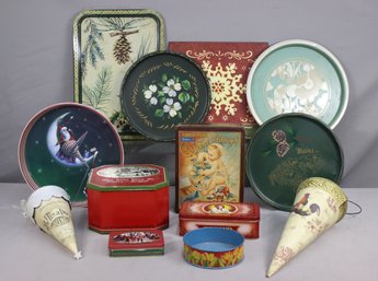 Group Lot Of Vintage-style Toleware, Holiday, Souvenir Trays