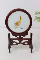 Translucent Kitten And Grasshopper Silk Embroidery In Carved Chinese Swivel Frame