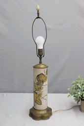Vintage MCM Enamel Botanic With Gold Emboss Cylinder Lamp On Brass Fret Work Base