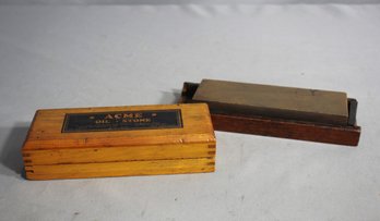 Pair Of Vintage Acme Oil Stones With Wooden Boxes - One Lid Missing