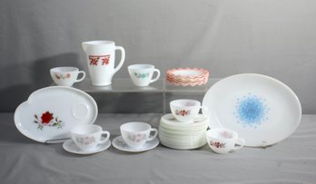 Group Lot Of Vintage McM Milk Glass Cups, Saucers, And Plates