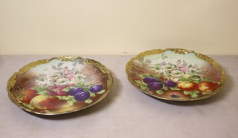 Pair Of 12' Round Hand Painted Limoges Charger With Fruits And Flowers