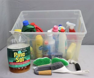 Group Lot Of Household Cleaners And Brushes (some Partially Used And Some Nearly Unused)