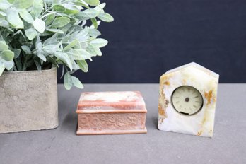 Artisan Signed Carved Alabaster Box And Pineapple Onyx Desk Clock (no Hands)