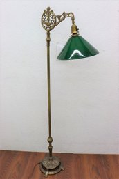 2 Of 2: Art Nouveau Brass Floor Lamp With Opaline Green Glass Shade