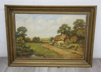 Charming Countryside Landscape With Thatched Cottage, Signed Veadi