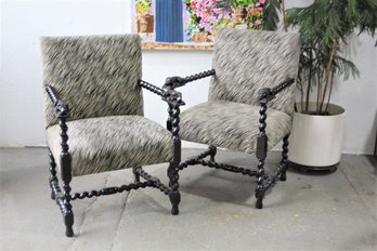Pair Of Lion Armed Barley Twist Frame Lounge Chairs
