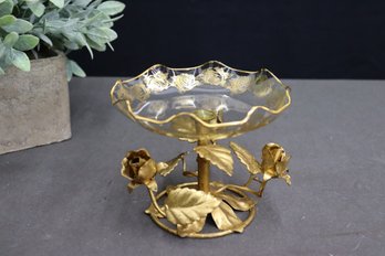 Italian Artisan Sculptural Gold-painted Metal And Glass Roses Pedestal Dish