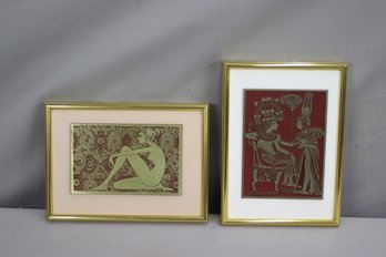 Two Framed Pictorial Engravings - Art Nouveau Style Lady & Egyptian King Tut At Throne