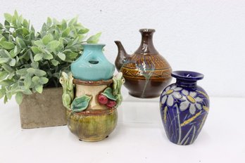 Collection Of Heavy Glaze Craft Pottery Vases And Pitcher