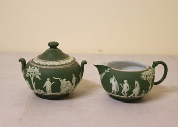 Antique Wedgwood Green Jasperware Creamer & Sugar Bowl W/ Lid England