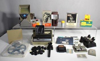 Assorted Vintage Camera Accessories Lot With Slide Viewers, Projector, And More