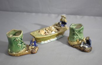 Collection Of Vintage Ceramic Mudman Planters And Fisherman