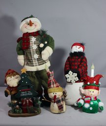 Group Lot Of 5 Varied Christmas Figurines - Snow Men, Elf, Santa