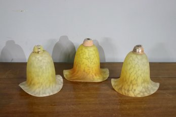 3 Vintage Yellow & White Flared Bell  Art Glass  Shades - See Photos For Condition