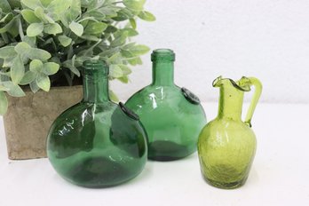 Two 1930s Unduragga Winery Oval Bottles And Small Crackle Glass Pitcher