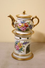 Tisaniera In Porcelain With Floral Decoration And Gold Rim