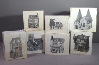 Group Lot Of 7 Hand-Pained Porcelain Dickens Village Series Building Figurines, Original Boxes