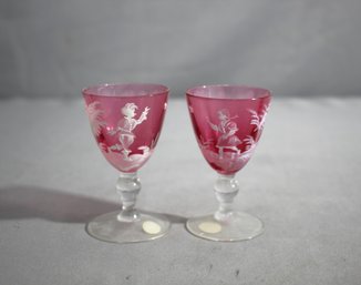 Pair Of Cranberry On Clear Glass Hand Painted 'Mary Gregory' Made In W.Germany