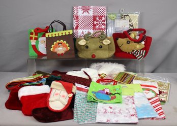 Group Lot Of Varied Christmas Stockings, Gift Bags, And Party Clean-Up Bags
