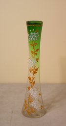Green And Clear Glass Hand Painted Art Glass Bud Vase