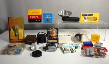 Assorted Vintage Camera Accessories, Lenses, And Flash Units An More