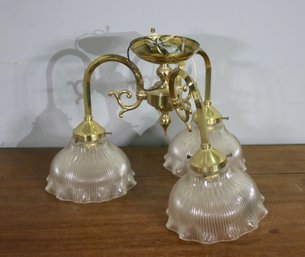Polished Brass Pendant Light With 3 Ribbed Shades - See Photos For Condition