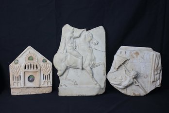 Three (3) Reliefs -Greek Horseman, House, Fragment Of A Relief With A Flying Eros