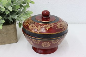 Turned Wood Lidded Bowl Hand-painted Flowers And Black/Gold Rings