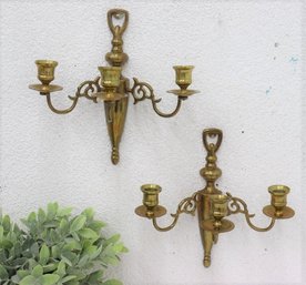 Pair Of Brass Triple Arm Candelabra Wall Sconces