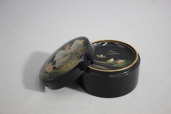 Vintage Japanese Lacquerware Coaster Set With Hand-Painted Container