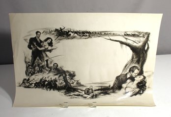 Dramatic 14' X 20' Vintage Black & White Action Scene Illustration