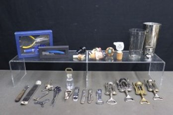 Group Lot: Watch Repair Kit, Corkscrews, Cocktail Shakers And Measures, Ceramic Bottle Tops And More