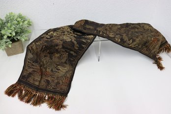 Beautiful Japanese Figural Nature Tapestry/Piano Scarf With Polychrome Fringe Tassels