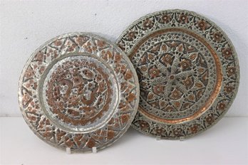 Two Large Persian Style Emboss & Repousse Silver-Tone Metal And Copper Trays
