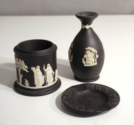 'Set Of 3 Black Jasperware Pieces  Including Vase, Ashtray, And Pottery Holder'