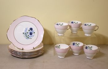 Colclough English Bone China Luncheon Set, Pink With Gold Trim And Blue Flowers