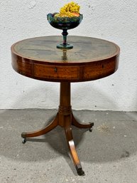 Round Mahogany Drum Table With 4 Drawers ,green Leather Top . Some Losses As Seen In Photos