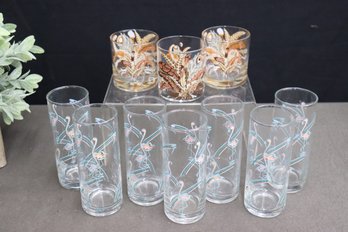 Mix Group Lot Of Vintage Glassware - 7 Flamingo Highballs And 3 Pheasant Feather Rocks Glasses